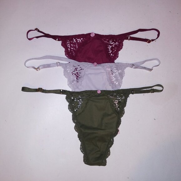 Victoria's Secret Panty Set of 3 Thong V String Burgundy Green Gray Lace  Solid - Picture 4 of 7